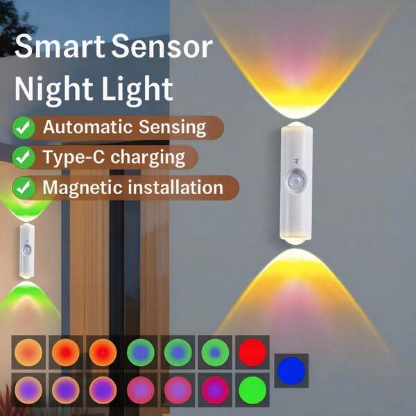 1pc/2pcs/4pcs Motion Sensor RGB Light Indoor, Motion Sensor Night Light, USB Type-C Charging, Magnetic Mount, Colorful Neon Colors Changing, Wall Lamp, Apply For Home Decor, Bedroom, Living Room
