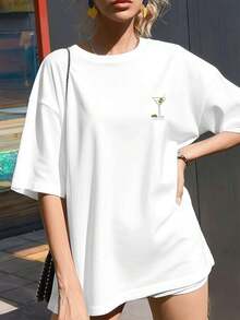 Martini Olive Cocktail Graphic , Women's Double Sided Printed Fashion Casual Round Neck 220gsm Cotton T-Shirt (1 PC) - 白色 - 查看 2