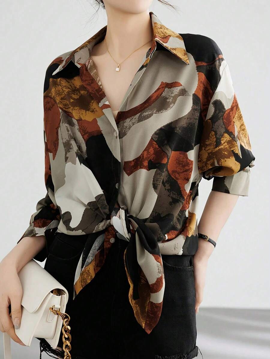 大码休闲长袖印花纽扣衬衫，适合日常穿着，春季款 - 彩色 - 查看 1