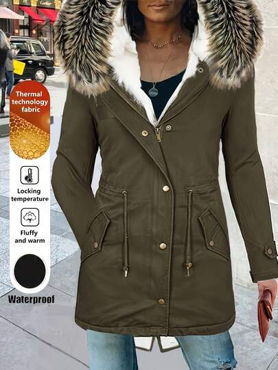 Women's Casual Autumn Winter Zipper Drawstring Warm Coat With Detachable Faux-Fur Collar Coat With Pockets