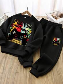 2Pcs Boy Game Game Controller Print Casual Set, Soft And Comfortable, Spring & Autumn Daily Casual Wear - Black - View 1