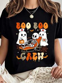 100% Cotton Halloween Nurse Crew Ghost Doctor Nursing T-Shirt Printed T-Shirt, Short-Sleeved Crew Neck Casual Top, Suitable For All Seasons, Women's Wear - 黑色 - 查看 1