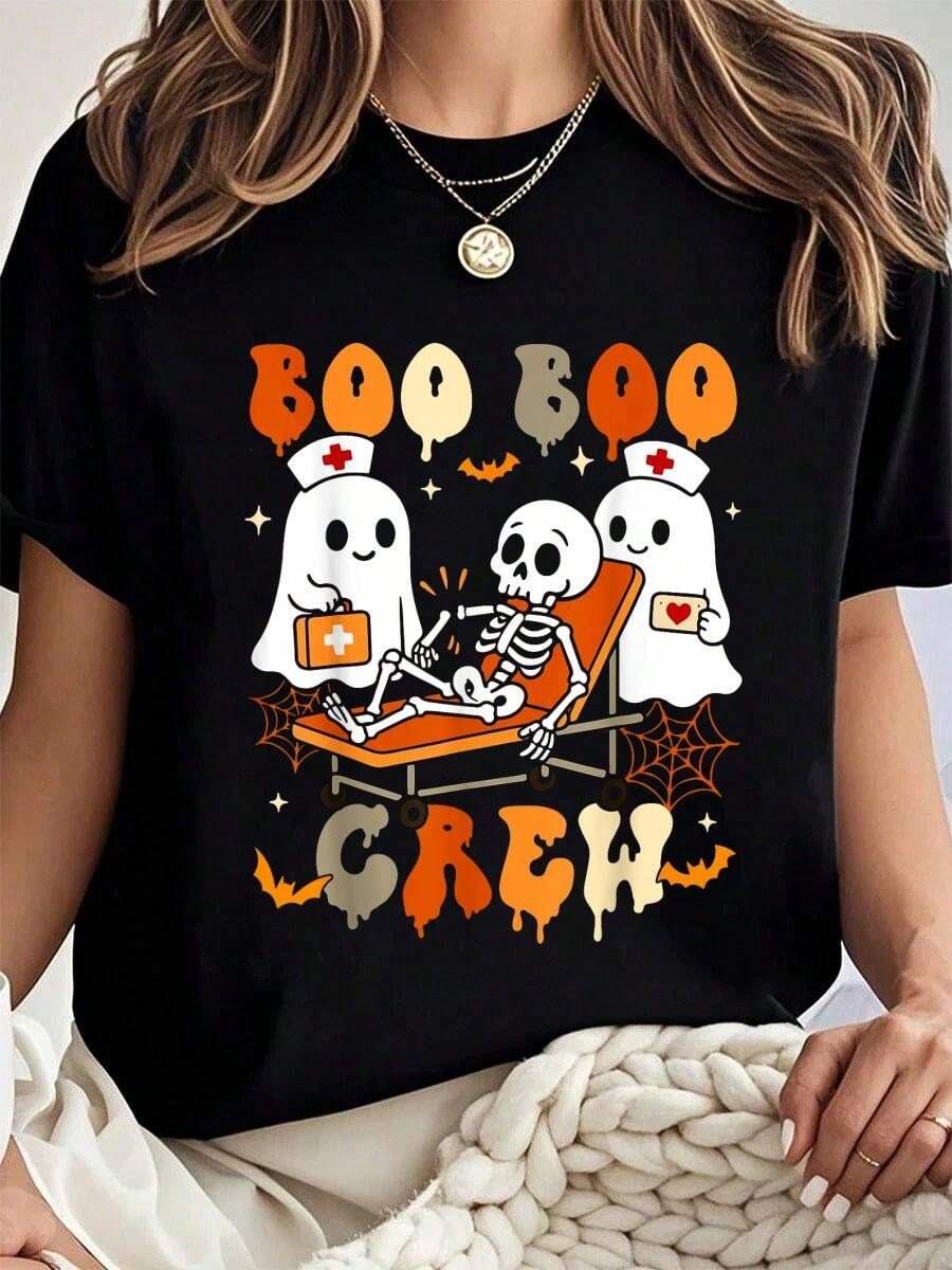 100% Cotton Halloween Nurse Crew Ghost Doctor Nursing T-Shirt Printed T-Shirt, Short-Sleeved Crew Neck Casual Top, Suitable For All Seasons, Women's Wear - 黑色 - 查看 1