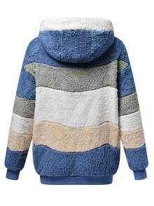Fluffy New Colorblock Hooded Jacket For Women, Loose Fit, Autumn/Winter - Blue - View 8