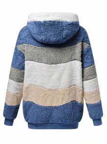 Fluffy New Colorblock Hooded Jacket For Women, Loose Fit, Autumn/Winter