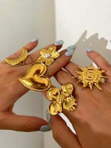 1 件 18k 镀金复古厚实珠宝不锈钢空心海螺螺旋开口戒指，个性化时尚可调节女士戒指 - 金黃色 - 查看 5