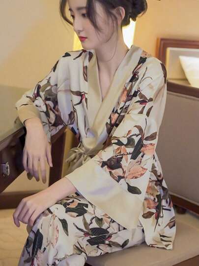 Damen Lässig Loungewear Set, Langarm V-Ausschnitt Gürtel Bademantel, Sexy locker sitzender Nachthemd, bequeme Homewear