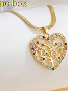 Stainless Steel Flat Chain Necklace With Crystal Tree Of Life Heart Design, Creative Vintage Minimalist Style Unisex Pendant Necklace, Suitable For Couples, Daily Wear, Work And Travel