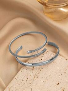 2 piezas de brazaletes ajustables de acero inoxidable, de moda y versátiles para fiestas, reuniones y uso diario - Amarillo Oro - Ver 5