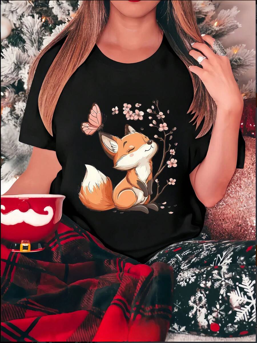 Cute Fox And Butterfly Theme Knit T-Shirt Women's Cotton T-Shirt - Fashionable Casual T-Shirt, Loose And Comfortable, Suitable For Gatherings And Daily Wear, Perfect Gift For Friends And Family, Locally Delivered