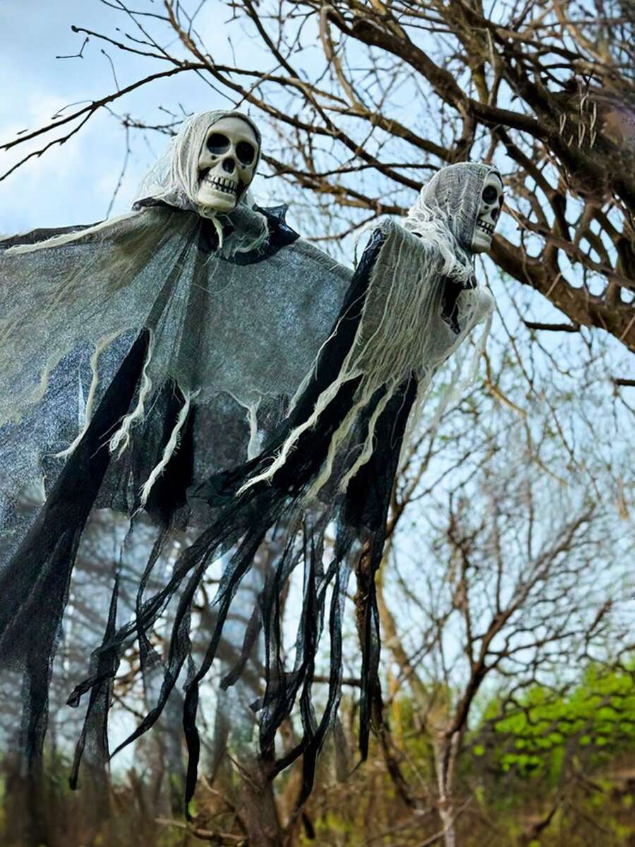 1 PIEZA Decoración de Halloween Fantasma colgante Accesorios de terror Adornos colgantes para exteriores Diseño de habitación embrujada Fantasma de gasa con calavera Colgante de puerta - Multicolor - Ver 1