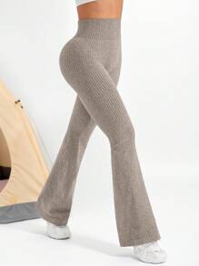 女式高腰纯色无缝喇叭形瑜伽紧身裤 - 卡其色 - 查看 1