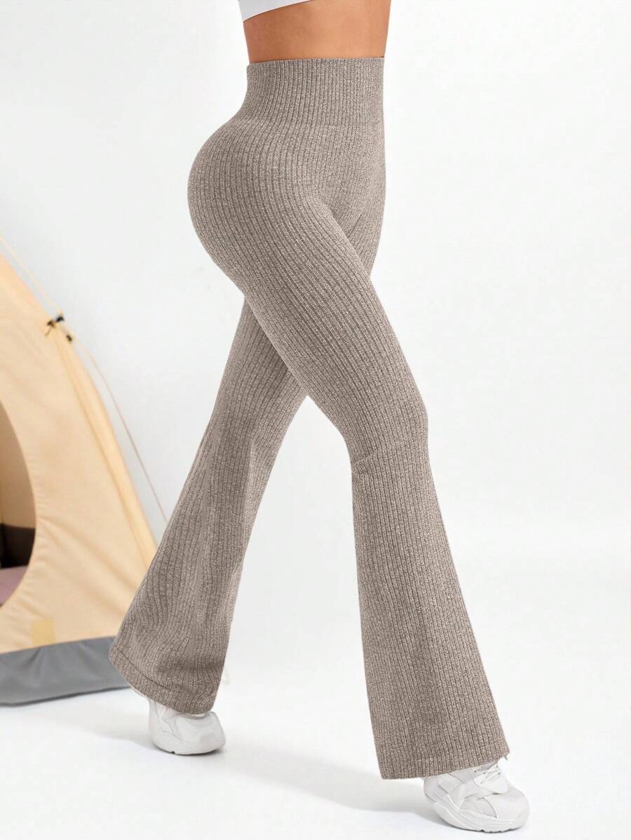 女式高腰纯色无缝喇叭形瑜伽紧身裤 - 卡其色 - 查看 1