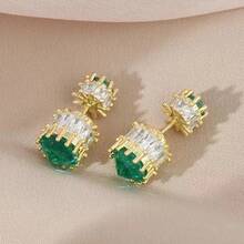 Nuevos y elegantes pendientes de moda, pendientes que se pueden usar por delante y por detrás, joyas con circonita cúbica sintética brillante verde, encantadores pendientes pequeños para damas, regalo de cumpleaños para mujeres