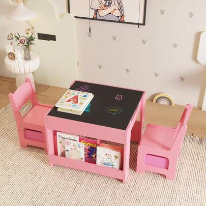 Techigher Kids Table And Chair Set,Wood Toddler Activity Table And 2 Chairs Set With Storage,Removable Tabletop And Bookshelf For Classroom Daycare An
