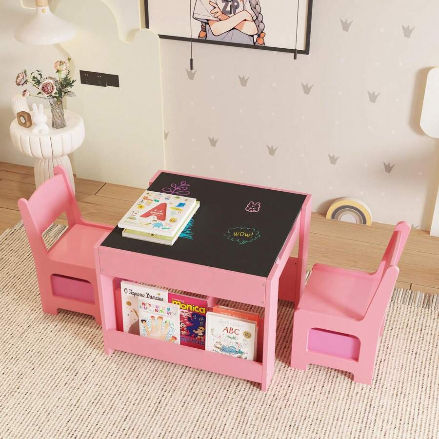 Techigher Kids Table And Chair Set,Wood Toddler Activity Table And 2 Chairs Set With Storage,Removable Tabletop And Bookshelf For Classroom Daycare And Snack Time Arts Crafts Sturdy - Pink - View 1