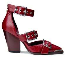 Western Chunky Sandals For Women Pointed Toe Block Heels Faux Leather Metal Buckle Strappy Pumps Ankle Strap Western Sandals - Màu Đỏ Sâu - Xem 3