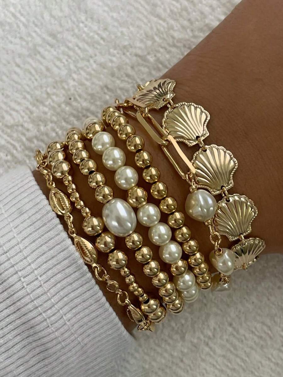 7pcs Vintage Elegant Boho Jewelry Set, Ocean Style Faux Pearl, Heart, Shell, Fan-Shaped Beaded Bracelets, Personalized Simple High-End Layered Bangle Bracelet, Suitable For Women Summer Beach Party, Dating, Daily Wear - 金黃色 - 查看 1