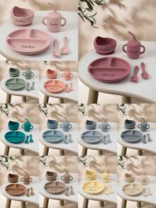 5 件个性化定制婴儿硅胶餐具套装吸盘碗盘子吸管杯软勺叉定制婴儿餐具喂养训练晚餐套装冬夜礼物返校冬季礼物创意男孩女孩情人节多功能字母婴儿时尚柔软可爱卡哇伊独特定制宝贝礼物 - 彩色 - 查看 2