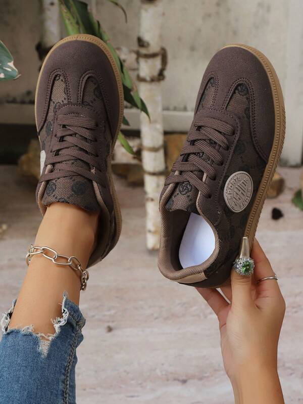 Women's New Flat Lace-Up Random Print Casual Shoes, Fashion Versatile College Style Sneakers, Plus Size