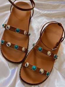 Women's Caramel Sandal With Decorative Stones And Comfort - 駝色 - 查看 5