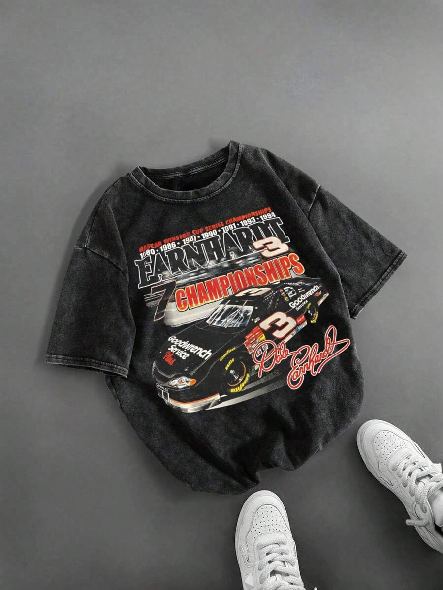 Men's Plus Size Tee, Earnhardt 7 Championships Racing Car Pure Cotton Street Style Short Sleeved Summer Retro Washed T-Shirt,Vintage Graphic T Shirts - 黑色 - 查看 1