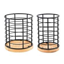 2 Packs,Utensil Holder For Kitchen Counter Large Round With Wooden Base Cooking Utensil Holder Utensil Organizer ,(Metal+Bamboo) 1 Big+1Small,Pastoral Style Kitchenware Storage Tank,2 Pcs Iron Tableware Jar, Home Decor, Party & Christmas Storage - Black - View 6