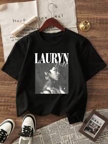 1 Stück Tween Mädchen Lässig bedrucktes Rundhals Kurzarm T-Shirt, Sommer Schüler Jugendmode - Minimalistischer englischer Buchstabenstil T-Shirt, der Fantasie und Selbstausdruck inspiriert, LAURYN Ohrringe tragend schön - Schwarz - Übersicht 8