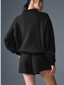 Women's Comfortable Ribbed Knit Casual 2 Pieces Set With Zip Collar Top And Shorts, Medium Stretch