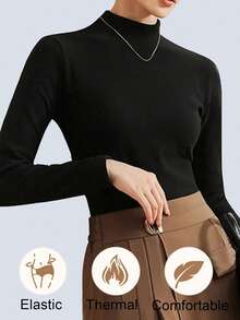 Women's Solid Mock Neck Thermal Underwear Top Semi High Necked Long Sleeves Warm Winter Clothing T Shirt Elastic Long Underwear Thermal Slim Base Layering Tops Intimates Inner Outer Wear With Western Style Inside ﻿ Women Black Browm Tops Undershirt - Black - View 1