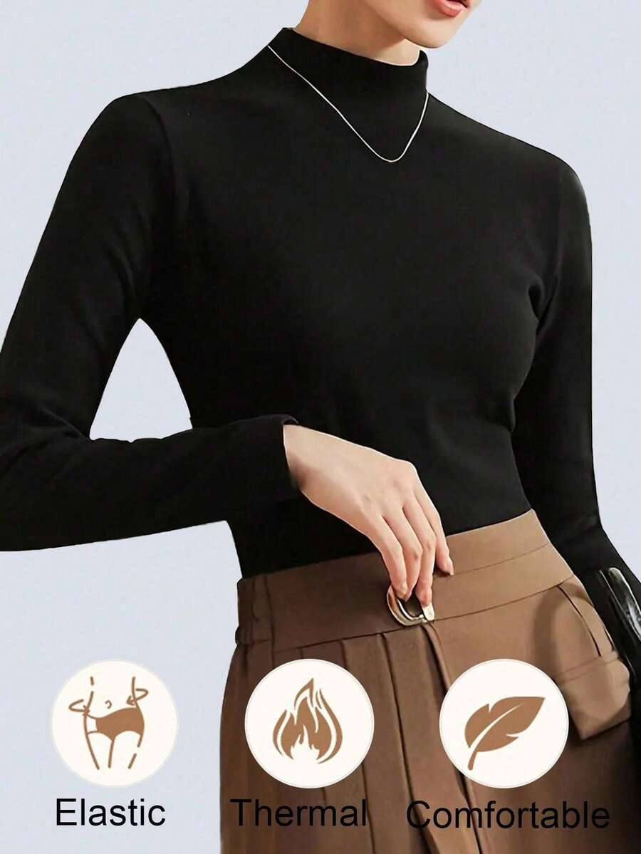 Women's Solid Mock Neck Thermal Underwear Top Semi High Necked Long Sleeves Warm Winter Clothing T Shirt Elastic Long Underwear Thermal Slim Base Layering Tops Intimates Inner Outer Wear With Western Style Inside ﻿ Women Black Browm Tops Undershirt - Black - View 1