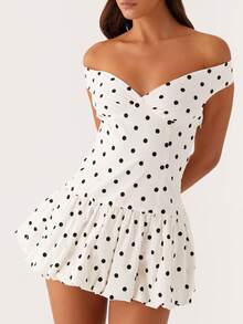 Women's Summer V Neck Off Shoulder Wedding Mini Dresses Backless A Line Puffy Hem Prom Party Gown Y2k Cocktail Bubble Mini Dress - 黑與白 - 查看 4