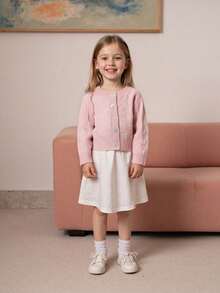 Kids Fall Knit Cardigan Long Sleeve Solid Color Button Down Warm Winter Sweater For Girls Boys - 粉色 - 查看 4