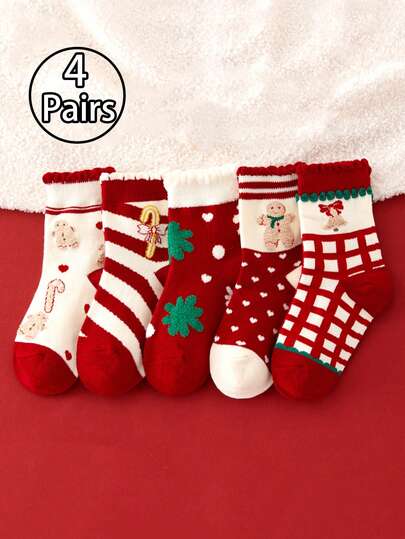 4双秋冬儿童袜子，秋季女童圣诞袜，冬季可爱中长袜，保暖婴儿袜，圣诞礼物袜