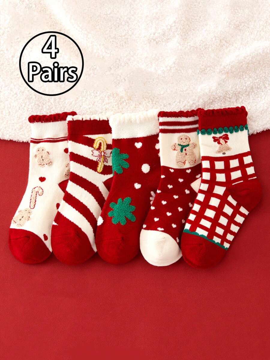 4 Pairs Children's Socks For Autumn And Winter, Girls' Christmas Socks For Autumn, Cute Mid Length Socks For Winter, Warm Baby Socks, Christmas Gift Socks - Multicolor - View 1