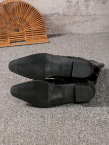 Giày bốt cao đến giữa bắp chân kiểu miền Tây dành cho nữ, cổ chữ V, màu đen, trang trí đinh tán, mũi vuông, gót thấp, bốt cao cổ, - màu đen - Xem 6