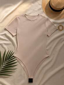 Women's Elegant Suplex Bodysuit With Lining, Short Sleeves, Perfect Fit, Versatile Fashion, Minimalist Look, Casual Chic Style For Summer, Simple, Casual, Elegant, Knitted, Backless - 米色 - 查看 3