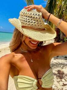 Natural Straw Hollow Out Beach Hat Cowgirl Style Country Cowboy Unisex Women Summer 2025 Fashion Breathable - Màu be - Xem 1