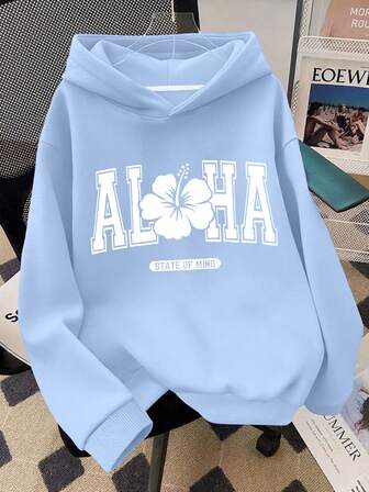 סווטשירט גדול עם קפוצ'ון ודוגמאות אותיות ופרחים לנערות, מתאים ללבישה יומיומית