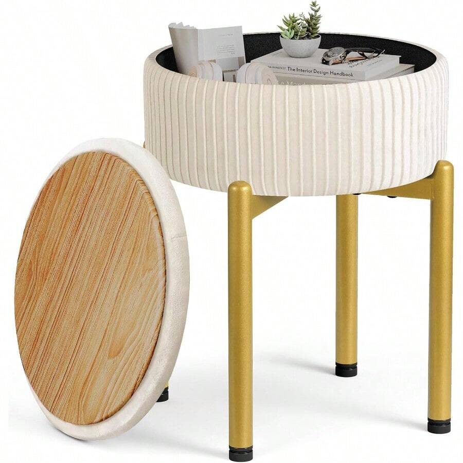 18Inch Velvet Vanity Stool Chair With Storage Vanity Bench With 4 Golden Metal Legs And AntiSlip Adjustable Feet Round Storage Ottoman Stool With Removable Soft Padded Seat Beige - 米色 - 查看 1