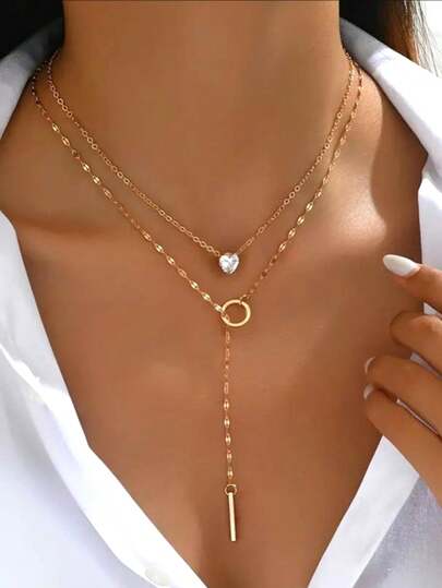 1 件女士合金心形水钻线吊坠项链，简约风格百搭颈链，适合日常佩戴、派对和聚会