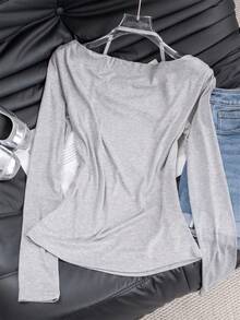 1pc Women's Open Shoulder Long Sleeve T-Shirt, Solid Color Knit Fabric, Pullover Street Style Top, Autumn/Winter