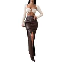 Women's Clothing Leather Design Slit Solid Color High Waist Simple Leather Slim Fit Midi Skirt - Black - View 6