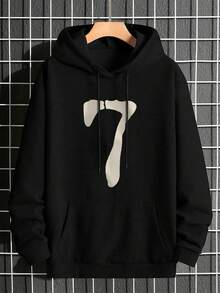 Men's Casual Number "7" Print Pocket Drawstring Hoodie, Autumn/Winter, Long Sleeve Top - Black - View 6