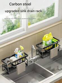 1 Piece Carbon Steel Sink Storage Rack, Kitchen/Bathroom Storage Drain Rack, Multi-Function Wall Storage Rack, Storage Artifact, Space-Saving Storage Rack, Sturdy And Durable, Suitable For Storage Of Sponges, Soaps, Brushes, Rags, Cleaners And Toiletries, Including Brush Holder, No Drilling Required, Easy To Install, Built-In Drain Pipe, Sink Dishcloth Storage Rack, Home Multi-Function Storage Rack, Home Organization Storage, Kitchen Pendant - Multicolor - View 7