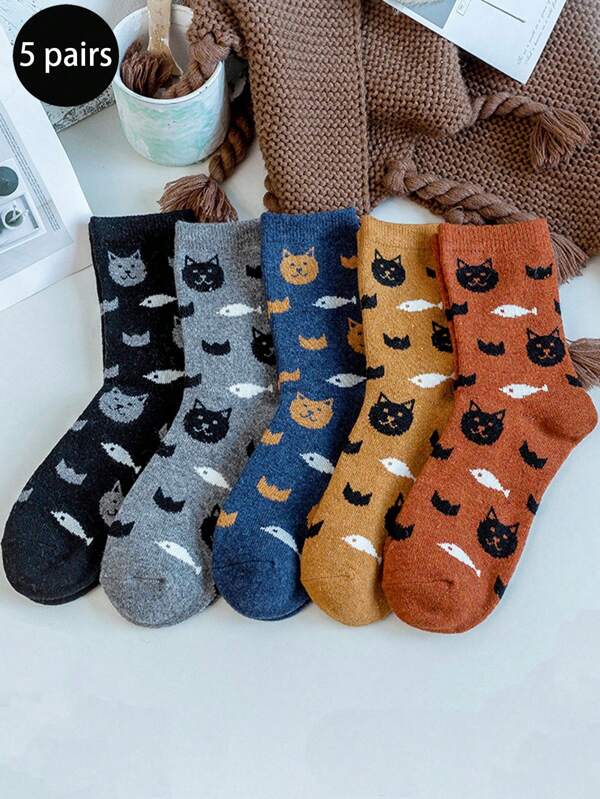 5 Pairs Women's Thickened Warm Retro Cat & Fish Mid-Calf Wool Blend Socks