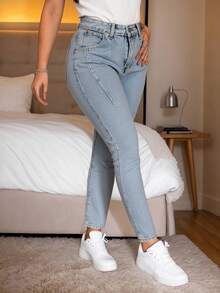 mezclilla pantalon para mujer,mom jeans,liso,comodidad,casual. - Azul - Ver 3