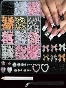 12 griglie/scatola Decorazioni per unghie 3D a fiocco, pendenti a fiocco floreali, perle piatte, set di gemme fai-da-te per arte di unghie, abbigliamento e decorazione di telefoni con strumenti, graziosi gioielli per unghie 3D rosa, forniture per unghie