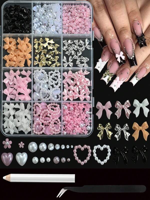 12 grile/cutie pandantive 3D cu fundă pentru unghii, pandantive cu fundă de flori, perle plate, pietre prețioase, set de design unghii DIY pentru nail art, îmbrăcăminte și decorare telefon cu instrumente, drăguțe pandantive 3D roz pentru unghii, bijuterii, accesorii pentru unghii