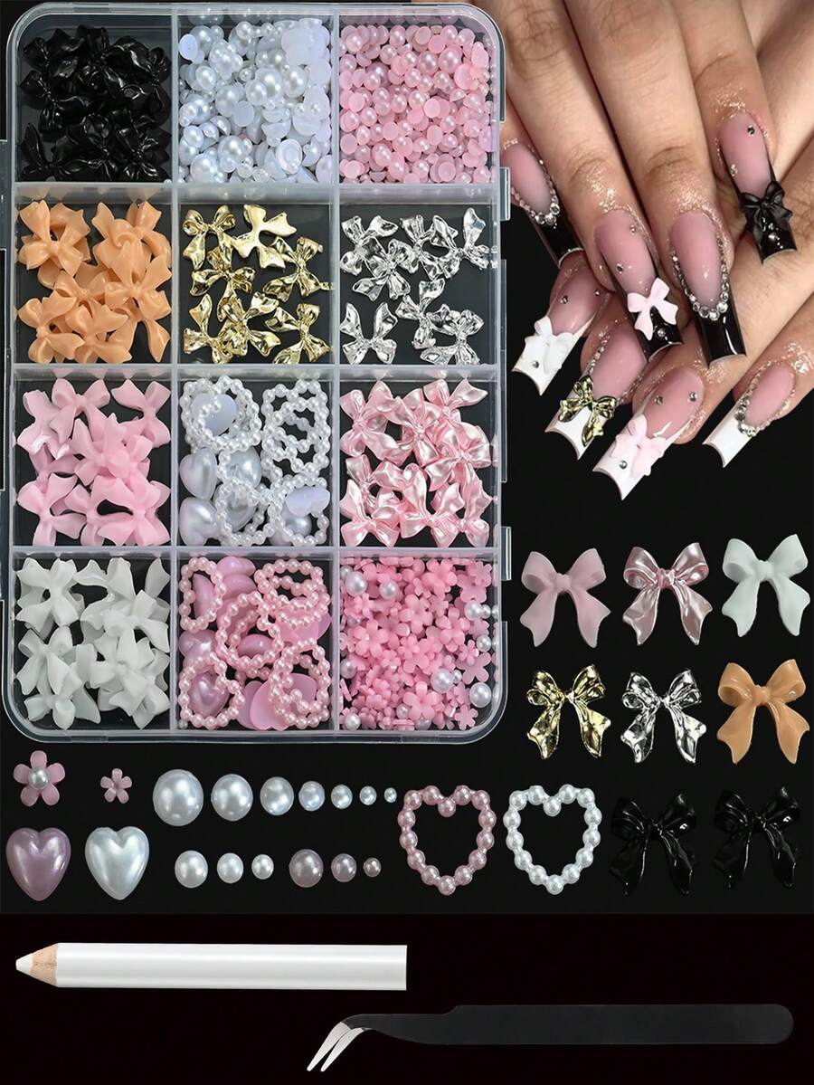 12 griglie/scatola Decorazioni per unghie 3D a fiocco, pendenti a fiocco floreali, perle piatte, set di gemme fai-da-te per arte di unghie, abbigliamento e decorazione di telefoni con strumenti, graziosi gioielli per unghie 3D rosa, forniture per unghie